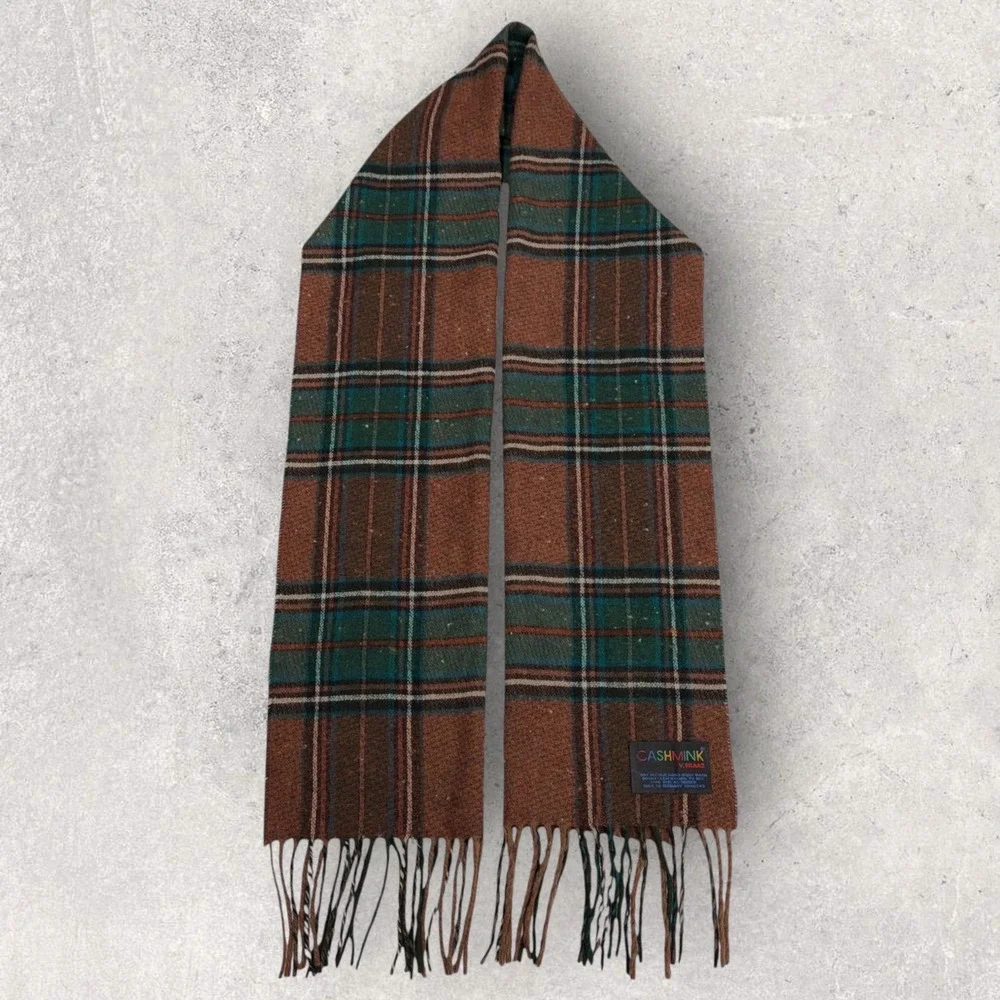 V. Fraas Cashmink Scarf Mens Brown Green Plaid Check Made in Germany RN66349